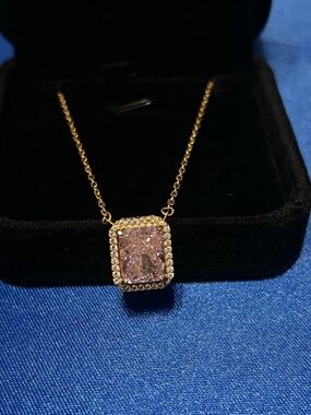 Gold Pendant Necklace with Pink “Crushed Ice” Cushion-Cut CZ